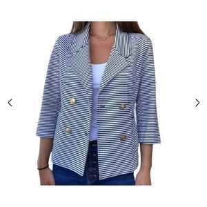 Cabi Jacket Women's Size Small Navy White Stripe Lapels 3/4 Sleeve Anchor Button